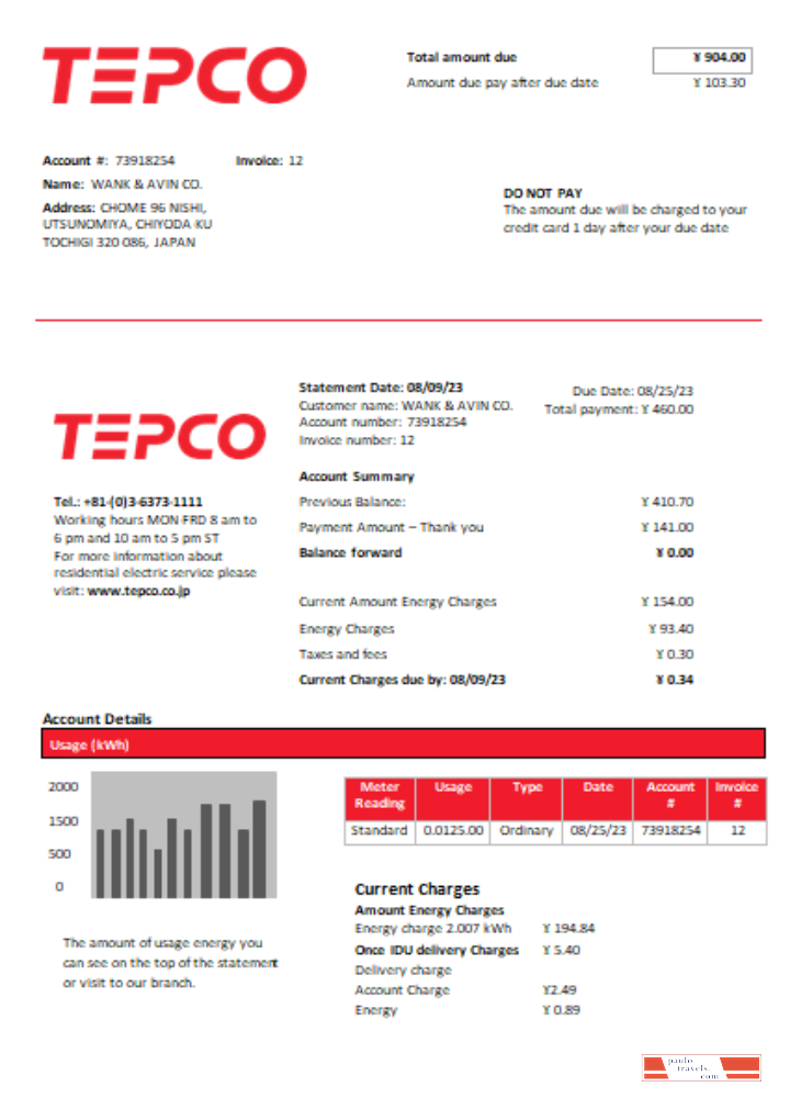Tokyo Electric Power Company (TEPCO) electricity utility business bill,  SCR PSD template